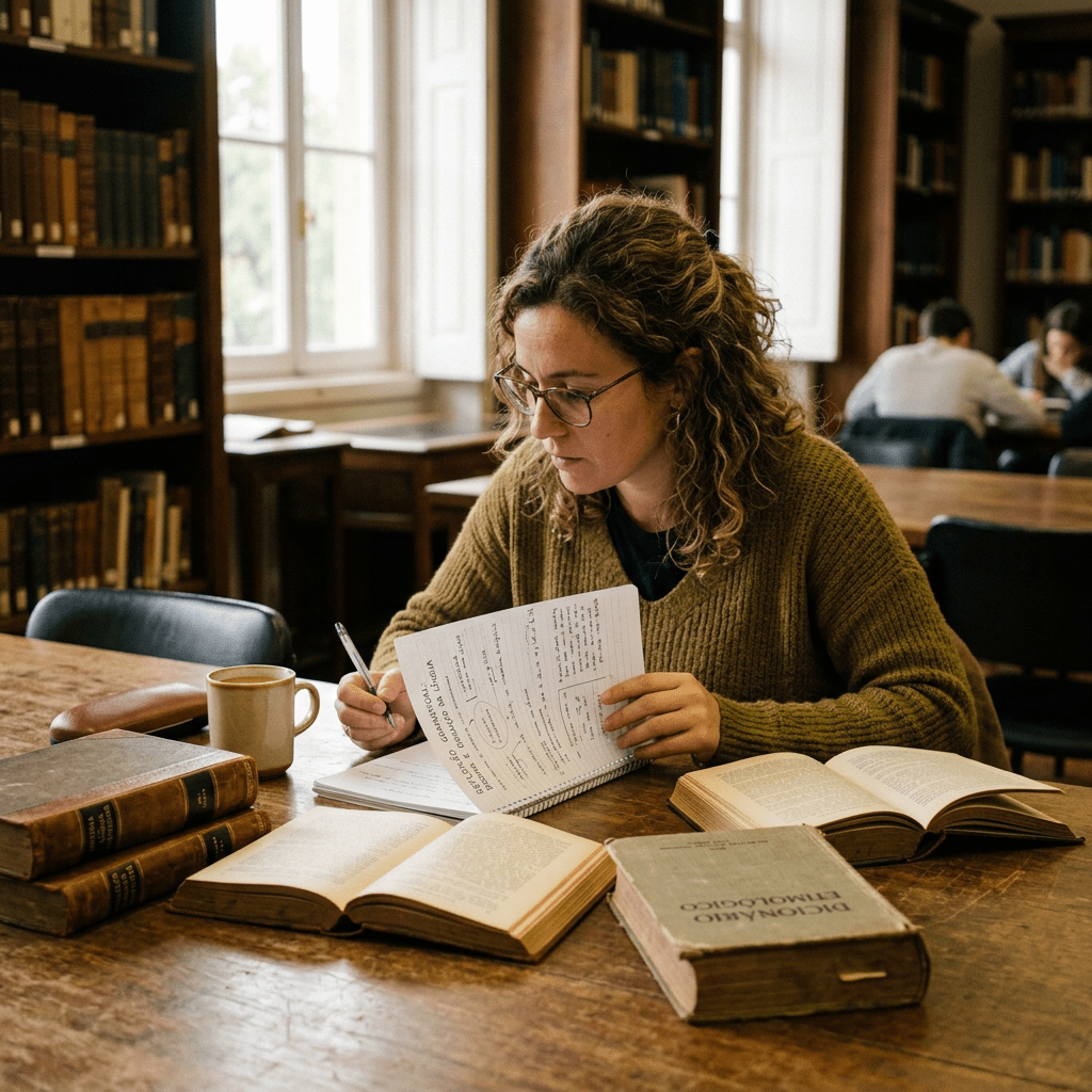 Person studying with books and notes at a library table